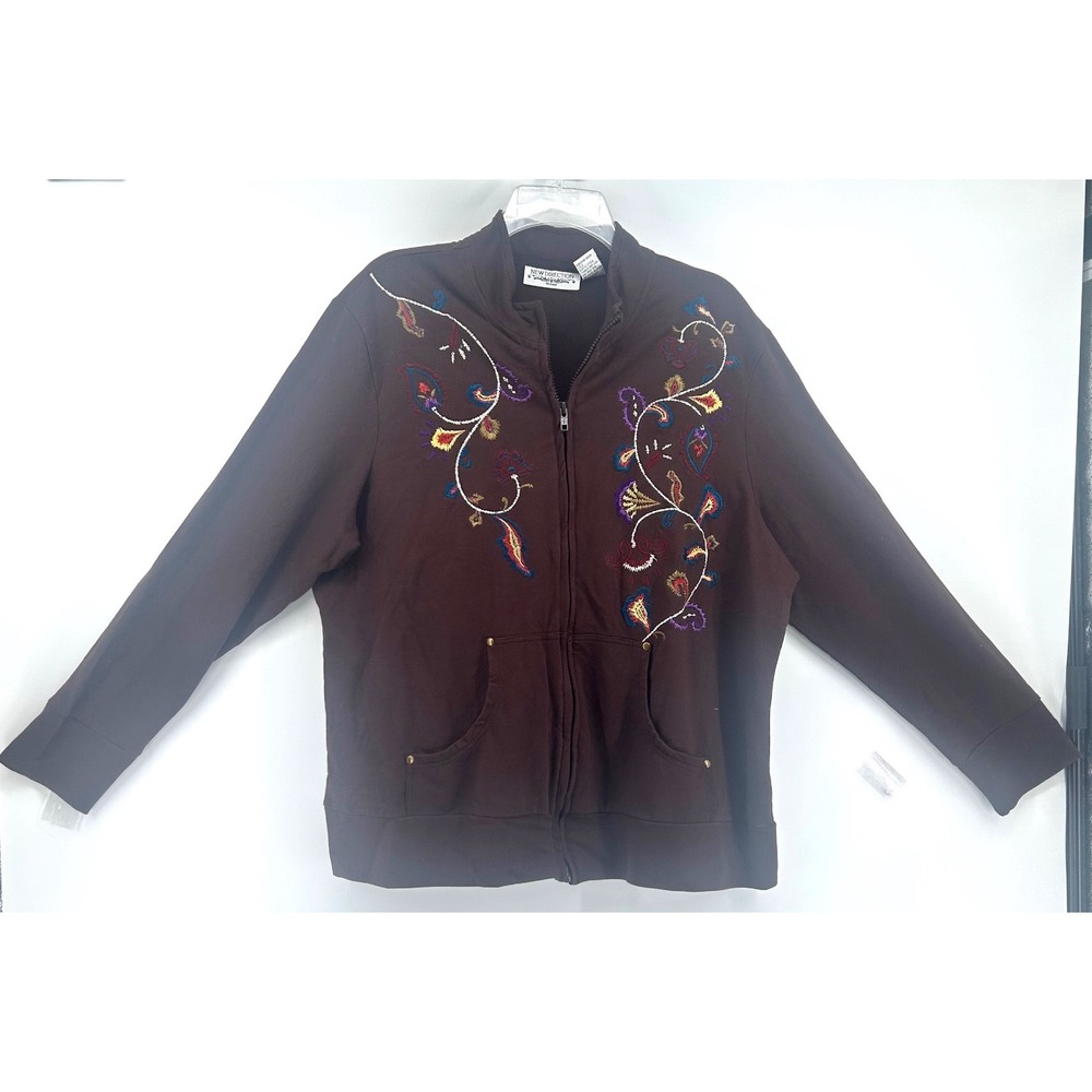 New Direction Woman Brown Embroidered Zip Up Cotton Jacket Plus Size 1X Floral